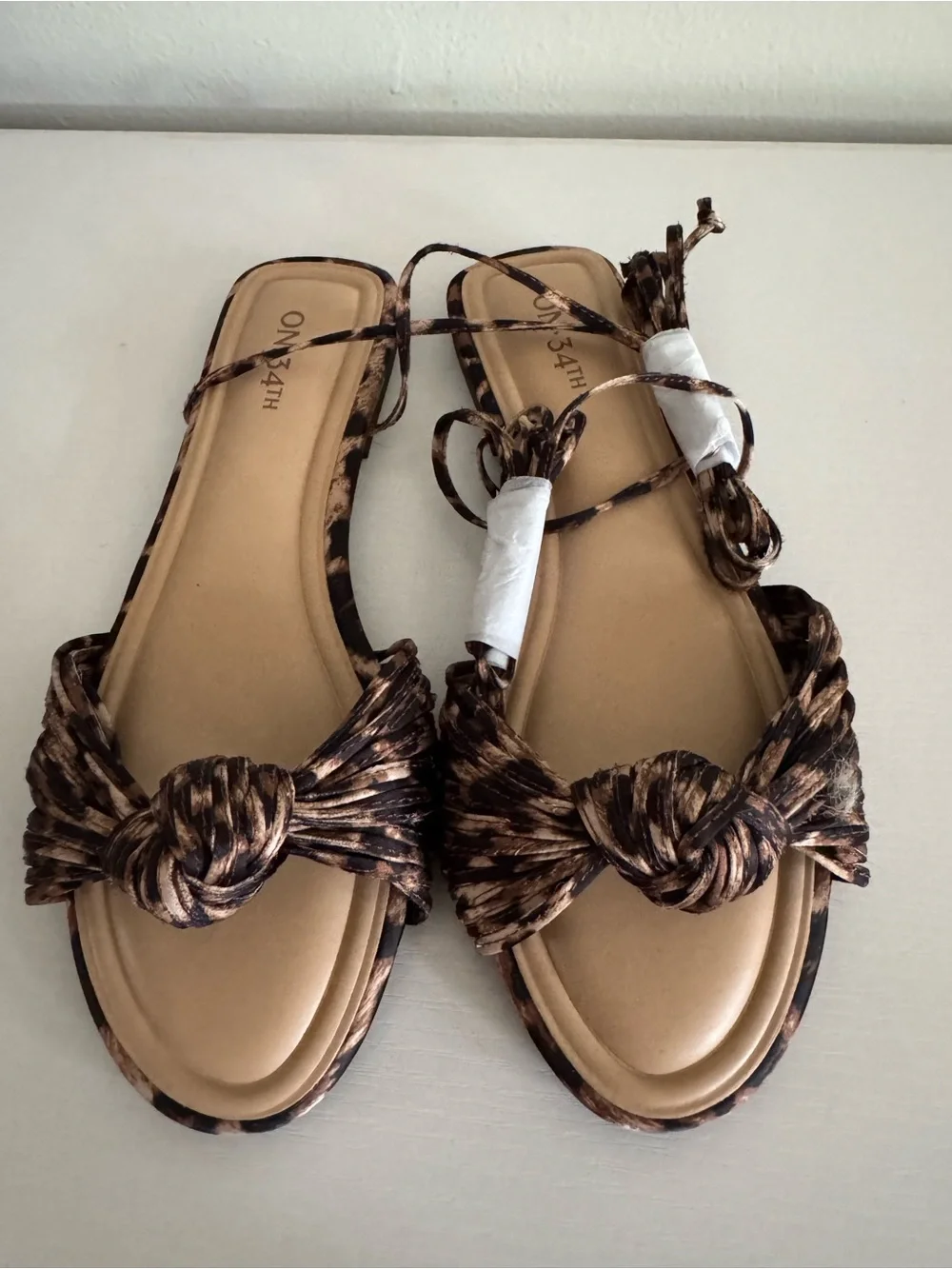 Leopard Print Knot Ankle-Tie Flat Sandals - Brown
